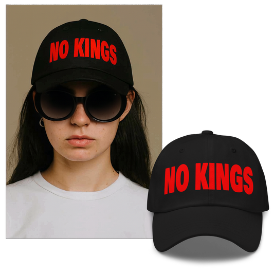 Black cap with 'NO KINGS' text worn by a person, with an additional cap displayed below.