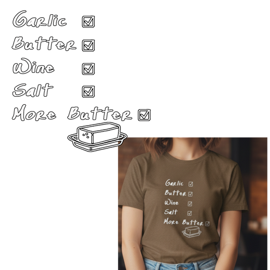 Person wearing a brown t-shirt with a recipe list graphic on a white background