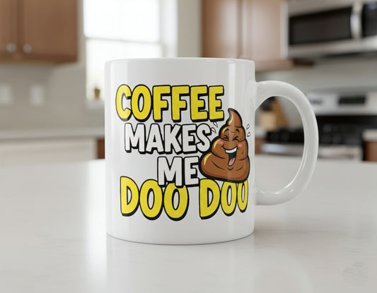 White mug with humorous text and graphic on a kitchen counter