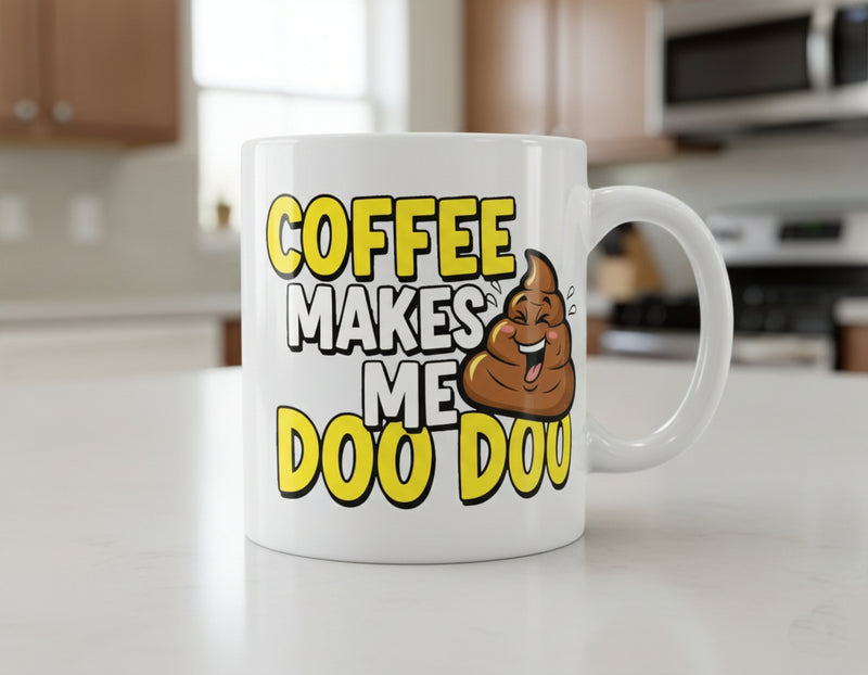 White mug with humorous text and graphic on a kitchen counter