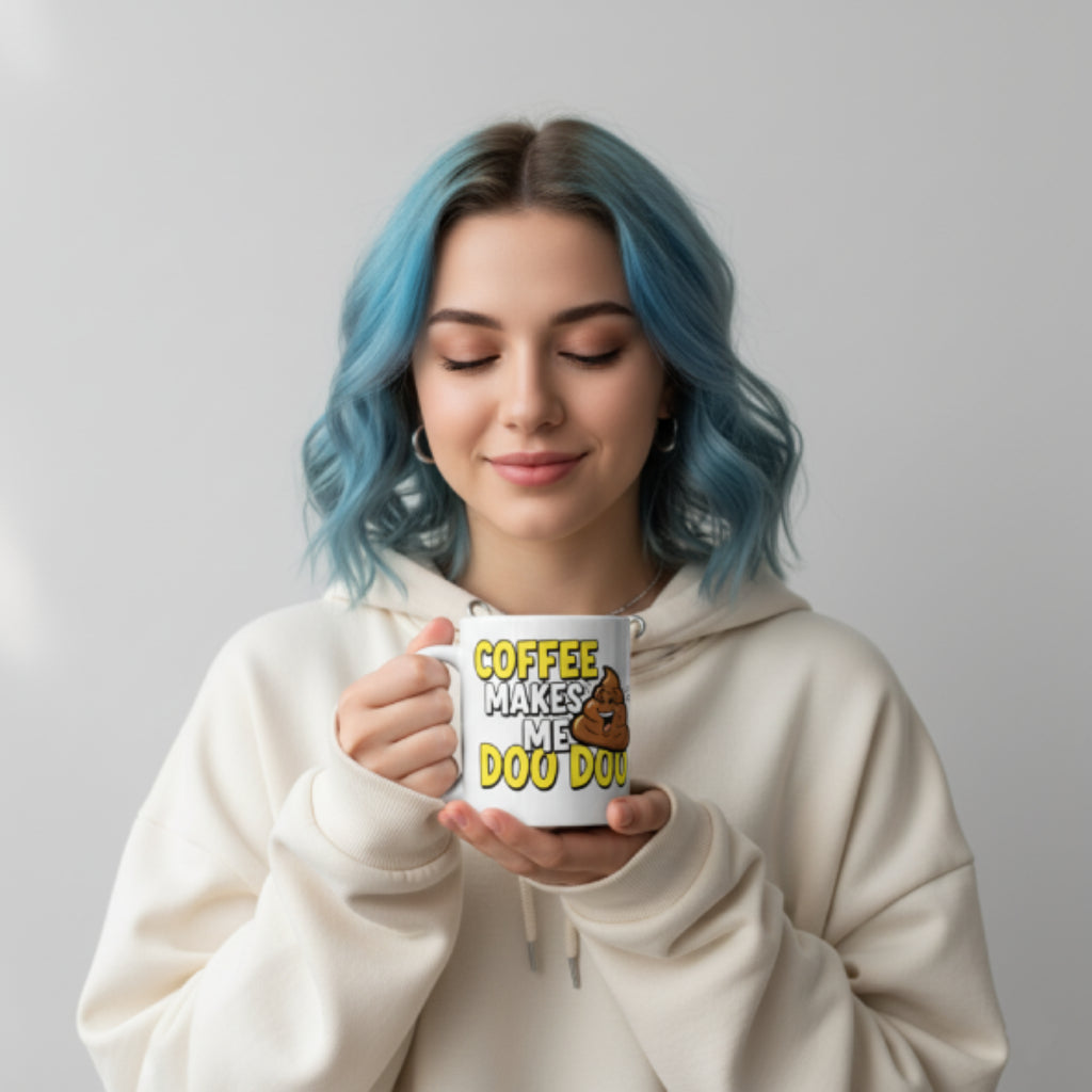 Person holding a mug with humorous text against a plain background