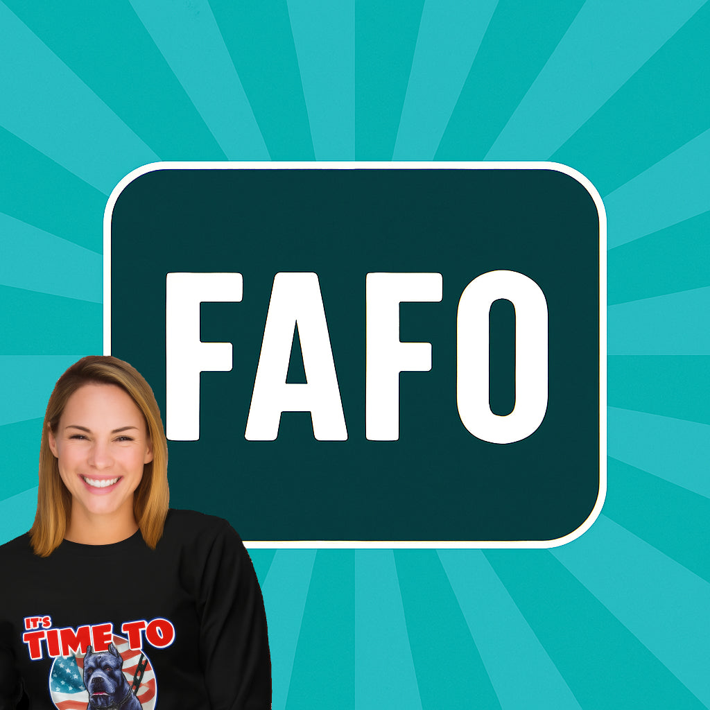 Woman wearing a black shirt with a graphic design, standing in front of a green sign with 'FAFO' on a blue radial background.
