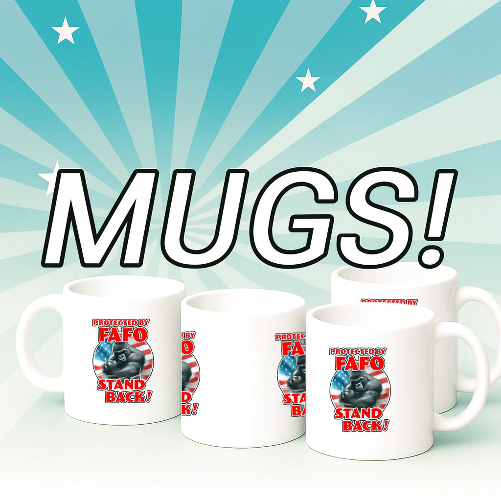 Four white mugs with a graphic design on a blue and white striped background with 'MUGS!' text.