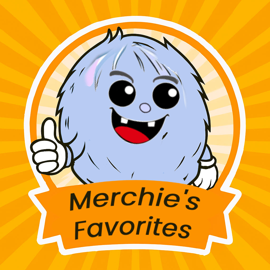 Cartoon character with a thumbs up on an orange background with 'Merchie's Favorites' text