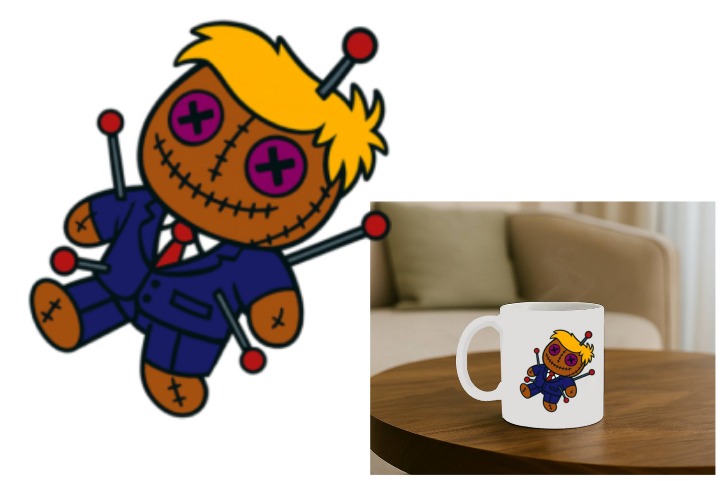 Cartoonish figure with a mug featuring the same design on a table.