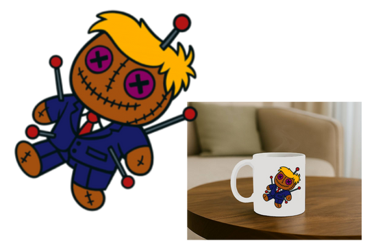 Cartoonish figure with a mug featuring the same design on a table.